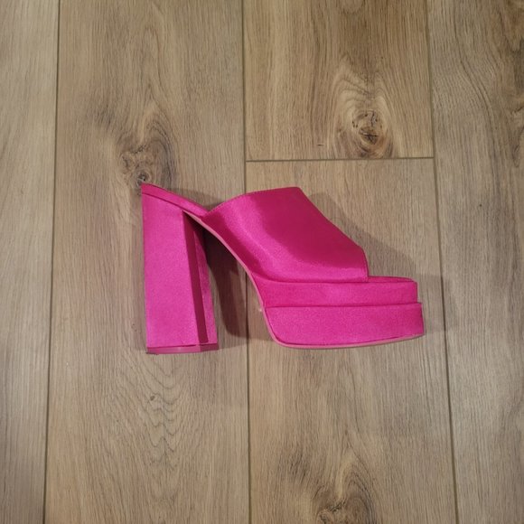 Forever 21 Hot Pink Fuschia Platform Open Toed Mules Block Heels - Picture 3 of 3